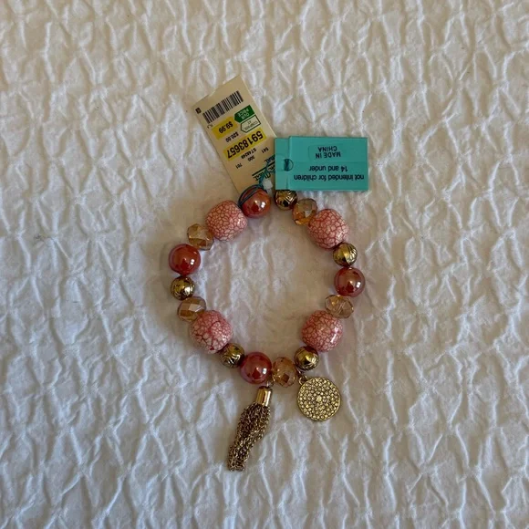 Beaded Stretch Bracelet w/ Gold Charms – Pink & Gold (Imperfection on tassel) - Picture 2 of 8